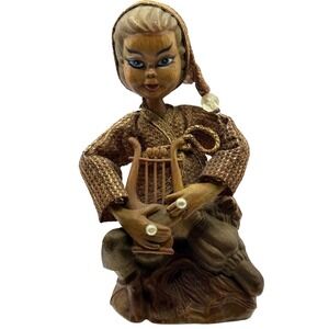 VTG Tilso Pixie Elf Musician Figurine Gold Attire Folk Art Harp Player MCM 1960s